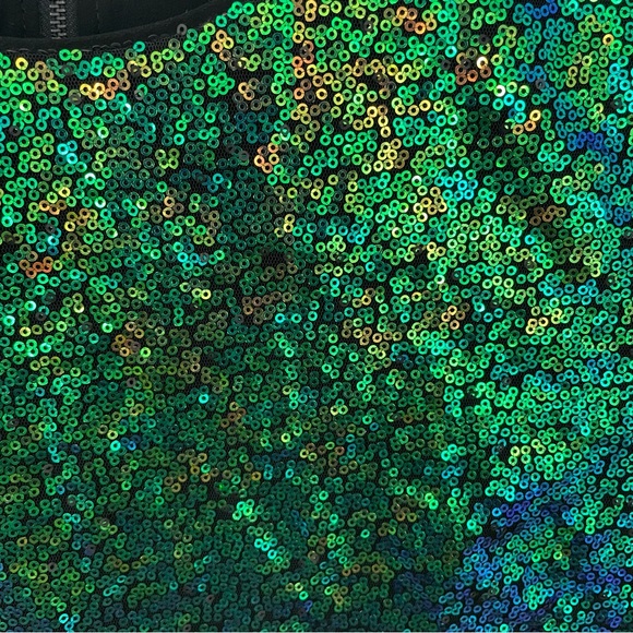 Maddy…K Blue & Green Sequin Short Sleeve Semi-Crop Top with Zipper on Back - Picture 3 of 6